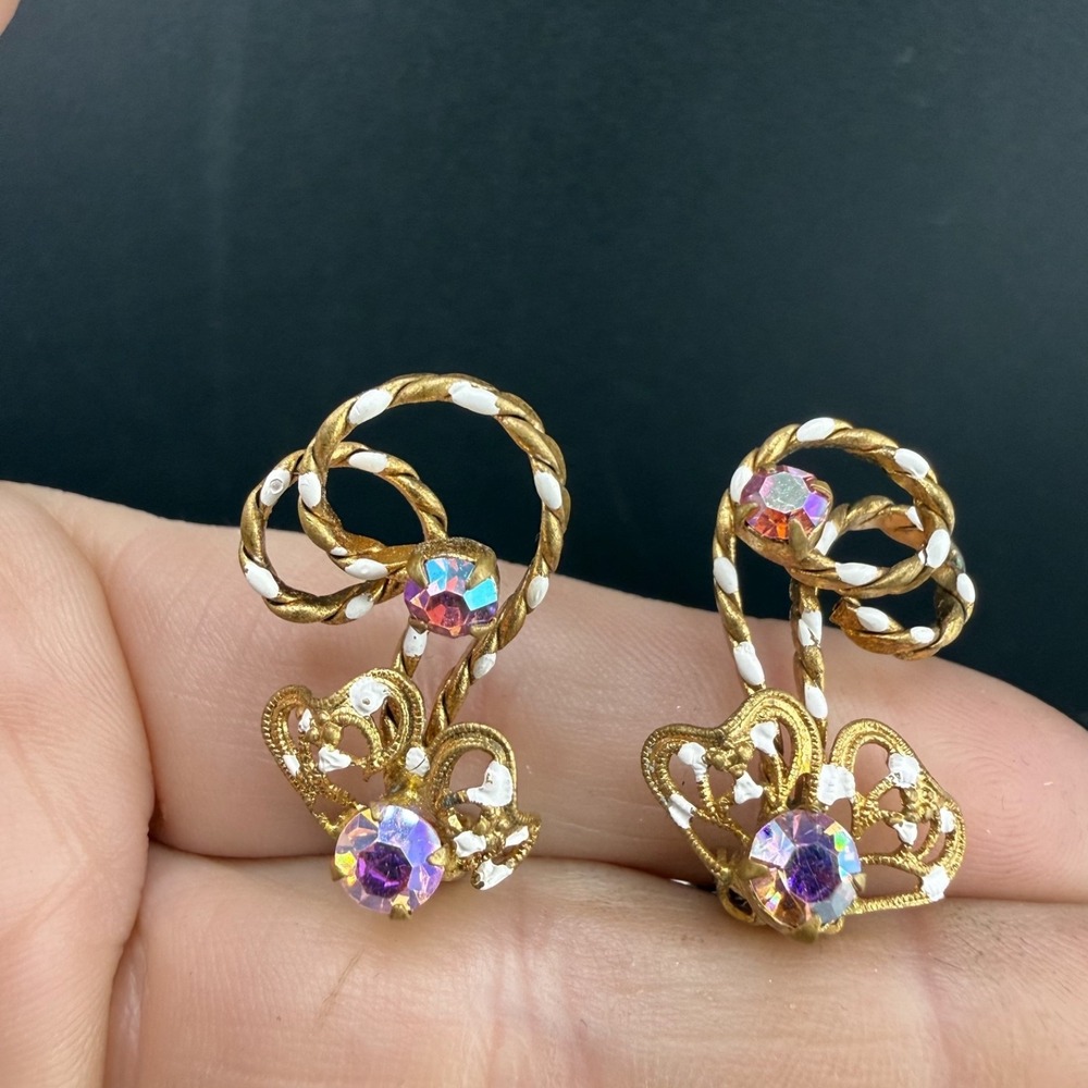 Vintage Austrian Clip On‎ Earrings Gold Tone Rhinestone AB